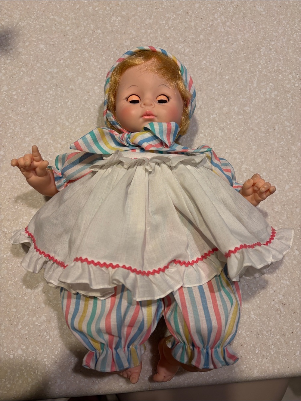 Vintage- Madame Alexander Baby Doll in White Dress with Multicolor Stripes
